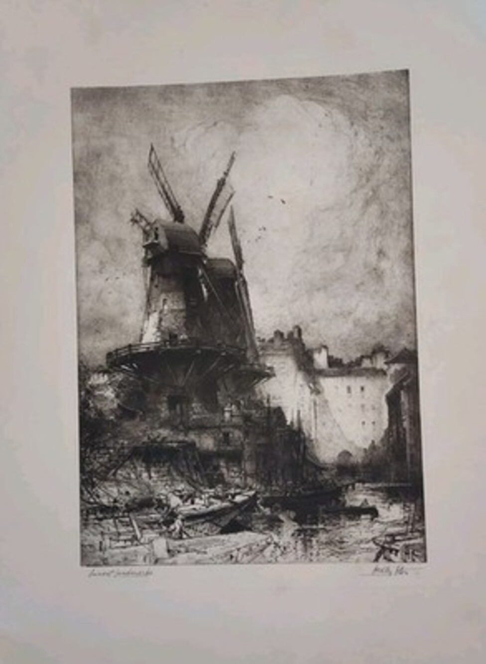 Antique Hedley Fitton "Ancient Landmarks" Etching Signed 2 Windmills